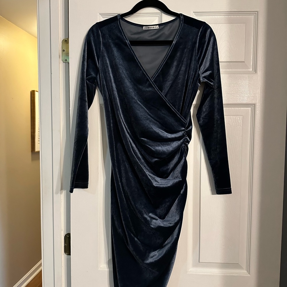Blue Ruched Dress Long Sleeve V-Neck